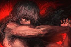  1boy anniechromes berserk fallen_angel_(painting) fine_art_parody floating_hair griffith_(berserk) hair_between_eyes highres long_hair male_focus muscular muscular_male own_hands_clasped own_hands_together parody red_background red_eyes red_theme solo three_quarter_view topless_male wavy_hair 