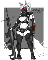  6ironknight9 absurd_res anthro belt big_breasts black_latex breasts canid canine clothing dsr-50 eyewear faceplate female fox fur gloves goggles gun hair handwear hi_res hoodie latex mammal mask military pistol_holster radar ranged_weapon red_eyewear red_goggles rifle rubber_clothing silencer simple_background sniper_rifle solo thick_thighs topwear weapon white_body white_fur white_hair wrist_computer zerlina 