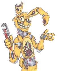  2019 3_fingers absurd_res alpha_channel animatronic anthro bone buckteeth damaged drawing fangs fingers five_nights_at_freddy&#039;s five_nights_at_freddy&#039;s_3 front_view fur grin hare hi_res holding_object krolik lagomorph leporid long_ears looking_at_viewer machine male mammal pawpads pose rabbit robot scottgames signature smile solo springtrap_(fnaf) standing teeth tools traditional_media_(artwork) wire wrench yellow_body yellow_fur 