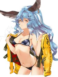  animal_ears bikini blue_hair blush breasts collarbone commentary_request cowboy_shot earrings erune female ferry_(granblue_fantasy) ghost granblue_fantasy highres holding holding_clothes holding_jacket jacket jewelry kumonji_aruto long_hair looking_at_viewer medium_breasts navel nicola_(granblue_fantasy) own_hands_together ponytail single_earring solo sweatdrop swimsuit unworn_jacket white_background yellow_jacket 