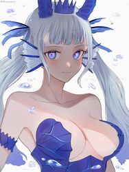  black_clover blue_horns blush breasts cleavage_cutout closed_mouth clothing_cutout crown female fins grey_hair hair_ribbon head_fins highres horns long_hair looking_at_viewer low_twintails noelle_silva ribbon rizaavana smile solo twintails valkyrie water 