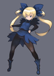  black_pantyhose blonde_hair blue_eyes blue_footwear blue_ribbon blue_skirt boots closed_mouth female frown full_body grey_background gunbird hair_between_eyes hair_ribbon hand_on_own_hip highres johan_(johan13) legs_apart long_hair long_sleeves marion miniskirt no_nose panties panties_under_pantyhose pantyhose ribbon simple_background skirt solo standing twintails underwear very_long_hair white_panties 