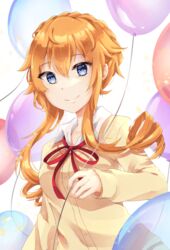  balloon blue_eyes braid breasts brown_sweater closed_mouth commentary_request date_a_live drill_hair female hair_between_eyes highres holding holding_balloon jeungi long_hair long_sleeves looking_ahead neck_ribbon orange_hair raizen_high_school_uniform red_ribbon ribbon school_uniform shirt sidelocks smile solo sweater upper_body white_shirt yamai_kaguya 