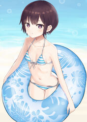  :o bad_id bad_pixiv_id bare_arms bare_shoulders beach bikini blue_bikini breasts brown_hair collarbone commentary_request female floral_print front-tie_bikini_top front-tie_top gantan halterneck highres holding innertube looking_at_viewer navel original parted_lips purple_eyes short_hair side-tie_bikini_bottom sidelocks small_breasts solo sparkle standing striped_bikini striped_clothes swim_ring swimsuit water 