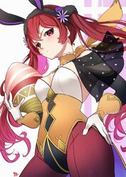  animal_ear_headwear animal_ears bare_shoulders black_hair blush breasts choker commentary_request detached_sleeves egg fake_animal_ears female fire_emblem fire_emblem_awakening fire_emblem_heroes frilled_choker frills gloves hair_between_eyes hairband hand_on_own_hip highres holding leotard long_hair nakabayashi_zun purple_background rabbit_ears red_eyes red_hair red_legwear ribbon ribbon_choker severa_(fire_emblem) severa_(spring)_(fire_emblem) small_breasts solo twintails two-tone_background white_background white_gloves yellow_ribbon 