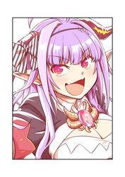  ahoge alternate_hair_color black_hairband black_jacket border bow braid breasts brooch cleavage cleavage_cutout clothing_cutout collared_shirt commentary_request diagonal-striped_bow diagonal_stripes dragon_girl dragon_horns fangs female gem hairband highres hololive horn_bow horn_ornament horns jacket jewelry kiryu_coco kiryu_coco_(1st_costume) large_breasts long_hair looking_at_viewer nightcoat open_mouth pointy_ears purple_eyes purple_hair shirt side_braid sidelocks single_braid skin_fangs slit_pupils solo striped striped_bow upper_body virtual_youtuber white_border white_shirt 