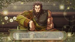  1boy ? abs alcohol bad_id bad_twitter_id bara beard blush brown_hair commentary_request covered_nipples cup drinking_glass facial_hair fire_emblem fire_emblem:_three_houses gameplay_mechanics indoors leaf long_hair male_focus muscular muscular_male nader plant scar sitting solo sparkle vines wine wine_glass yellow_eyes zelo-lee 