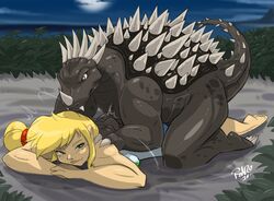  absurd_res anguirus applejack_(mlp) blonde_hair blush duo female female_on_feral feral friendship_is_magic godzilla_(series) hair hasbro hi_res human human_on_feral interspecies kaiju male male/female male_(lore) mammal massage moon my_little_pony night shonuff spikes spikes_(anatomy) toho zoophilia 