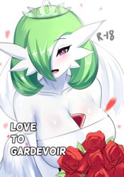  absurd_res big_breasts bouquet breasts cleavage clothed clothing english_text female flower gardevoir generation_3_pokemon green_hair hair hi_res nintendo not_furry plant pokemon pokemon_(species) rose_(flower) sana!rpg solo text white_body 