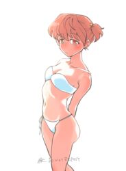  akutsu_(demodori) alisa_(girls_und_panzer) bikini bikini_day blush collarbone female freckles girls_und_panzer looking_at_viewer navel short_hair short_twintails simple_background solo swimsuit twintails white_background 