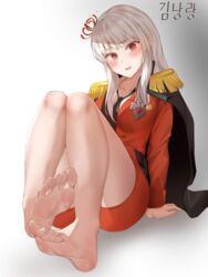  absurdres bad_id bad_pixiv_id bare_legs barefoot dress feet female flower foot_focus foreshortening full_body grey_hair hair_flower hair_ornament highres long_hair looking_at_viewer military military_uniform original pharamacom red_dress red_eyes socks soles solo toes uniform white_hair 