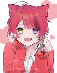  1boy animal_ears blush chocolate dog_boy dog_ears extra_ears food fork fruit heart heterochromia highres hosizora_(sparetime) looking_at_viewer male_focus oerba_yun_fang open_mouth protected_link purple_eyes red_hair rinu_(stpri) short_hair simple_background solo strawberry strawberry_prince utaite valentine white_background yellow_eyes 