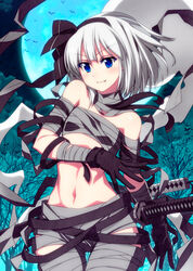  alternate_costume bandages black_gloves blue_eyes bob_cut female flat_chest full_moon gloves groin halloween highres katana konpaku_youmu moon mummy_costume navel oerba_yun_fang sarashi sazanami_mio short_hair solo stomach sword touhou weapon white_hair 