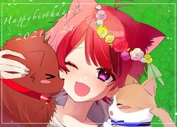  1boy androgynous blush canine extra_ears feline flower_wreath grass head_wreath highres hosizora_(sparetime) lying male_focus oerba_yun_fang on_back one_eye_closed protected_link purple_eyes red_hair rinu_(stpri) short_hair smile solo strawberry_prince utaite 