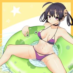  absurdres ahoge azur_lane bikini black_hair breasts commentary_request covered_nipples edoara feet_out_of_frame female frog hair_rings highres innertube long_hair looking_at_viewer medium_breasts ning_hai_(azur_lane) ning_hai_(summer_hunger)_(azur_lane) official_alternate_costume partially_submerged purple_bikini purple_eyes sitting solo spread_legs swim_ring swimsuit twintails water 