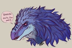  2020 anthro avian beak bust_portrait dialogue digital_media_(artwork) english_text female fur leoh portrait red_eyes signature skeksa skeksis solo speech_bubble teeth text the_dark_crystal 