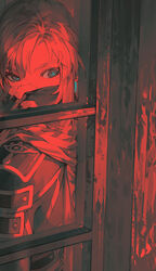  1boy adjusting_mask blue_eyes covered_mouth earrings fingerless_gloves gloves jewelry link long_sleeves looking_down looking_to_the_side male_focus mask mouth_mask ninja_mask red_theme scarf sidelocks solo spot_color starstruckdon stealth_set_(zelda) the_legend_of_zelda the_legend_of_zelda:_breath_of_the_wild upper_body window 