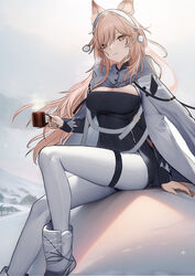  absurdres animal_ears arknights black_dress boots breasts cleavage commentary cup dress female hairband highres holding holding_cup jacket large_breasts leggings long_hair looking_at_viewer mug official_alternate_costume pants pink_eyes pink_hair pozyomka_(arknights) pozyomka_(snowy_plains_in_words)_(arknights) sitting solo tenjinmeshi very_long_hair white_footwear white_hairband white_jacket white_pants wolf_ears 