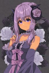  bare_shoulders black_flower black_rose blush bow breasts center_frills closed_mouth collarbone commentary commission curled_horns detached_sleeves doily dress female flower frills grey_background hair_between_eyes hand_up highres horns long_hair long_sleeves looking_at_viewer mamyouda nail_polish original puffy_long_sleeves puffy_sleeves purple_bow purple_eyes purple_flower purple_hair purple_rose purple_sleeves red_nails rose signature sleeveless sleeveless_dress sleeves_past_wrists small_breasts solo upper_body white_flower white_rose 