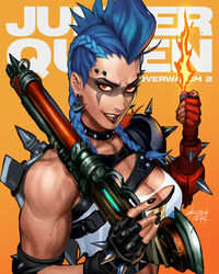  :d asymmetrical_gloves az_pt bare_shoulders black_gloves black_nails blue_hair braid breasts character_name cleavage copyright_name dark-skinned_female dark_skin earrings elbow_pads facepaint female fingerless_gloves gloves grin gun highres holding holding_gun holding_lighter holding_weapon jewelry junker_queen_(overwatch) lighter lip_piercing lipstick looking_at_viewer makeup mismatched_gloves mohawk muscular muscular_female nail_polish orange_background overwatch overwatch_2 piercing red_eyes red_gloves red_lips red_nails shirt signature sleeveless sleeveless_shirt smile solo spiked_knuckles teeth torn_clothes torn_shirt upper_body weapon white_shirt 