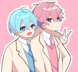  2boys arm_around_shoulder blue_eyes blue_hair colon_(stpri) highres hosizora_(sparetime) hug looking_at_viewer male_focus multiple_boys pink_background pink_hair protected_link purple_eyes satomi_(stpri) school_uniform short_hair smile strawberry_prince utaite v 