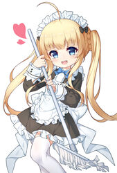  :d ahoge apron black_bow black_dress blonde_hair blue_bow blue_bowtie blue_eyes blush bow bowtie braid chinese_commentary commentary_request copyright_request dress female frilled_apron frilled_dress frills hairbow hand_up heart holding long_hair long_sleeves looking_at_viewer maid maid_headdress mop open_mouth simple_background sleeves_past_wrists smile solo teeth thighhighs twintails upper_teeth_only very_long_hair virtual_youtuber white_apron white_background white_thighhighs yuxian_youka 