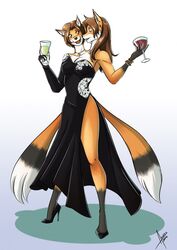  2_heads access alcohol anthro bangle beverage black_clothing black_dress breasts canid canine cleavage clothed clothing conjoined dress duo female footwear fox hi_res high_heels jewelry karisha_and_mena mammal multi_head multi_tail multifur shoes side_slit side_slit_clothing side_slit_dress slit_dress tail wine 