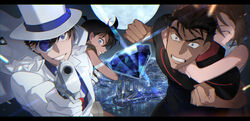  3boys aiming aiming_at_viewer arms_around_neck black_shirt blue_eyes blue_gemstone blue_shirt brown_hair cape carrying cityscape clenched_hands clenched_teeth closed_eyes collared_shirt commentary_request crazy_grin dress_shirt edogawa_conan female floating_cape formal full_moon gem glint gloves grin gun hair_between_eyes hand_up handgun hat holding holding_gun holding_weapon imminent_punch incoming_attack incoming_punch kaitou_kid kanamura_ren kyougoku_makoto letterboxed lolicon long_sleeves looking_at_viewer magic_kaito meitantei_conan monocle monocle_chain moon multiple_boys necktie night night_sky no_eyewear outdoors piggyback punching red_necktie shirt short_hair short_sleeves sky sleeveless sleeveless_shirt smile suit suzuki_sonoko sweatdrop tearing_up teeth top_hat upper_body weapon white_cape white_gloves white_headwear white_suit 