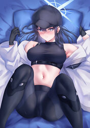  absurdres ass bare_shoulders baseball_cap bed_sheet black_gloves black_hat black_pants black_shirt blue_archive blue_eyes blue_hair coat commentary crop_top feet_out_of_frame female gloves halo hands_up hat highres leggings long_hair looking_at_viewer lying midriff navel off_shoulder okuma707 on_back open_clothes open_coat pants pillow saori_(blue_archive) shirt sleeveless sleeveless_shirt solo stomach thighs white_coat 