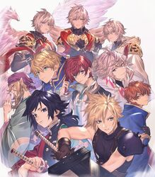  6+boys ahoge armor arthur_pendragon_(fate) asbel_lhant bandana black_hair blonde_hair blue_eyes brown_hair buster_sword closed_mouth cloud_strife code_geass crossover fate/grand_order fate/prototype fate_(series) final_fantasy final_fantasy_vii gloves granblue_fantasy green_eyes grey_hair hair_between_eyes haori heterochromia highres holding holding_weapon hood jacket japanese_clothes jewelry katana kimetsu_no_yaiba kimono knights_of_the_round_uniform kururugi_suzaku kusuriuri_(mononoke) long_hair long_sleeves looking_at_viewer lucifer_(shingeki_no_bahamut) lucilius_(granblue_fantasy) lucio_(granblue_fantasy) makeup male_focus merlin_(fate) mononoke multicolored_hair multiple_boys multiple_wings purple_eyes robe sachico66 sakurai_takahiro sash seraph shingeki_no_bahamut shirt short_hair shoulder_armor smile spiked_hair sword tales_of_(series) tales_of_graces tomioka_giyuu voice_actor_connection weapon white_hair wings 