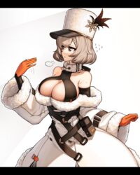  absurdres bare_shoulders blush braid breasts cleavage closed_mouth coat collarbone female french_braid fur-trimmed_coat fur_hat fur_trim girls&#039;_frontline gloves hachirodesu hat highres kord_(girls&#039;_frontline) light_brown_hair looking_away medium_breasts orange_gloves papakha platinum_blonde_hair red_eyes short_hair solo upper_body white_background white_hat winter_clothes winter_coat 