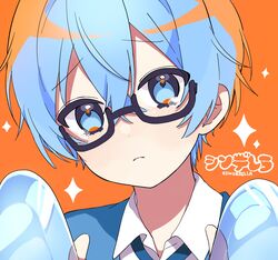  1boy blue_eyes blue_hair blush cardigan collared_shirt colon_(stpri) frown glasses head_tilt highres hosizora_(sparetime) looking_at_viewer male_focus necktie orange_background protected_link school_uniform shirt short_hair solo sparkle strawberry_prince utaite white_shirt 