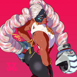  arms_(game) ass ass_focus black_mask black_pants boxing_gloves breasts dark-skinned_female dark_skin female green_eyes huge_ass looking_at_viewer mask medium_breasts muscular muscular_female pants solo tank_top the_art_mage toned twintelle_(arms) white_tank_top wide_hips 