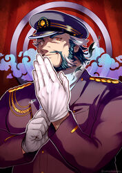  1boy adjusting_clothes adjusting_gloves artist_name beard black_hair cloud daikoku_(housamo) facial_hair gloves halo halo_behind_head hand_up hat highres long_sleeves male_focus military military_hat military_uniform multicolored_hair mutton_chops orange_eyes pectorals red_background seigaiha sidelocks solo sumi_wo_hakuneko tokyo_afterschool_summoners two-tone_hair uniform upper_body white_gloves white_hair 