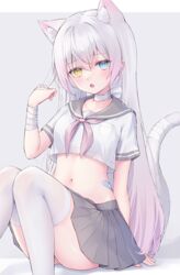  :o absurdres animal_ears bandages bandaid blue_eyes blush breast_pocket breasts cat_ears cat_girl cat_tail choker commentary_request crop_top crop_top_overhang extra_ears female gradient_hair grey_skirt hand_up heterochromia highres knees_together_feet_apart long_hair looking_at_viewer midriff miniskirt multicolored_hair navel neckerchief open_mouth original panties pantyshot pink_hair pleated_skirt pocket revealing_clothes sailor_collar school_uniform serafuku shano_hiyori shirt short_sleeves sitting skirt small_breasts stomach tail thighhighs thighs two-tone_hair underwear very_long_hair white_choker white_hair white_panties white_shirt white_thighhighs yellow_eyes 