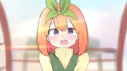  :d blue_eyes blurry blurry_background blush commentary_request day depth_of_field dress eyebrows_hidden_by_hair female ferris_wheel_interior go-toubun_no_hanayome green_dress green_ribbons hair_between_eyes hair_ribbon highres kujou_karasuma looking_at_viewer nakano_yotsuba open_mouth ribbon signature sleeveless sleeveless_dress smile solo sweater turtleneck turtleneck_sweater upper_body yellow_sweater 