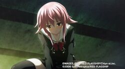  between_legs breasts chaos;child closed_mouth dress dress_shirt female hand_between_legs leaning_forward legs_apart looking_at_viewer official_art onoe_serika red_eyes red_hair red_ribbon ribbon sasaki_mutsumi school_uniform shirt short_hair sidelocks sitting smirk solo thick_thighs thigh_strap thighhighs thighs watermark 