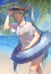  ;d beach blue_hair collarbone day female green_eyes hair_ornament halterneck hatsune_miku highres innertube long_hair looking_at_viewer ocean one_eye_closed open_mouth outdoors shirt short_sleeves smile solo standing star_(symbol) star_hair_ornament swim_ring twintails very_long_hair visor_cap vocaloid wet wet_clothes wet_shirt white_shirt yukleeeee 