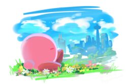  bad_id bad_pixiv_id blue_sky city closed_eyes cloud cloudy_sky commentary day flower goyain highres kirby kirby_(series) kirby_and_the_forgotten_land on_grass outdoors pink_flower profile sitting sky solo tower white_flower 