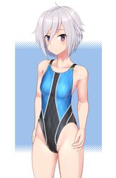  absurdres ahoge black_one-piece_swimsuit blue_background breasts commentary_request competition_swimsuit cowboy_shot female grey_hair hair_between_eyes highres itomi_sayaka multicolored_clothes multicolored_swimsuit one-piece_swimsuit purple_eyes short_hair small_breasts solo standing swimsuit takafumi toji_no_miko two-tone_background variant_set yagasuri 