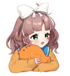  :d ahoge asuka_hina blue_sailor_collar blush bow brown_hair brown_sweater cropped_torso female green_eyes hairbow hugging_object long_hair long_sleeves looking_away looking_to_the_side nijisanji open_mouth sailor_collar simple_background sleeves_past_wrists smile solo stuffed_animal stuffed_bird stuffed_toy sweater upper_body virtual_youtuber white_background white_bow yamabukiiro 