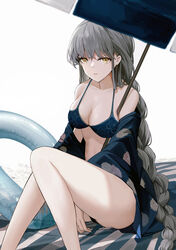  absurdres amamizu_shizuku bare_legs bare_shoulders bikini blue_bikini blue_robe braid braided_ponytail breasts cleavage closed_mouth collarbone commission female grey_hair highres legs long_hair looking_at_viewer md5_mismatch medium_breasts open_clothes open_robe original revision robe sitting skeb_commission solo swimsuit thighs towel umbrella white_background yellow_eyes 