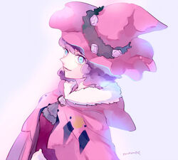  black_clover blue_eyes breasts cape capelet commentary_request dorothy_unsworth female flower fur-trimmed_capelet fur_trim hat looking_at_viewer mameezu multicolored_eyes pink_cape pink_capelet pink_flower pink_headwear pink_rose purple_eyes purple_hair rose short_hair simple_background small_breasts smile witch witch_hat 