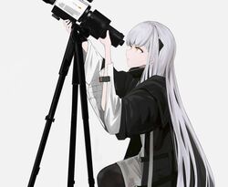  absurdres ak-alfa_(girls&#039;_frontline) amamizu_shizuku black_jacket black_legwear commentary_request cowboy_shot female girls&#039;_frontline grey_background hairband highres jacket long_hair looking_through_scope orange_eyes parted_lips simple_background solo stargazing telescope white_hair 