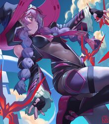  black_gloves black_nails blue_sky braid breasts cleavage closed_mouth cloud covered_navel day era_(omega_strikers) female fingerless_gloves gloves hand_up hat highres knees_up large_hat long_hair necktie omega_strikers outdoors pink_necktie poch4n purple_hair sky small_breasts solo twin_braids witch_hat 