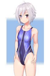  absurdres ahoge blue_background blue_one-piece_swimsuit breasts commentary_request competition_swimsuit cowboy_shot female grey_hair hair_between_eyes highres itomi_sayaka multicolored_clothes multicolored_swimsuit one-piece_swimsuit purple_eyes short_hair small_breasts solo standing swimsuit takafumi toji_no_miko two-tone_background variant_set yagasuri 