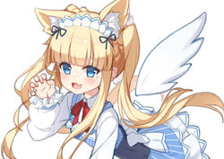  :d animal_ear_fluff animal_ears back_bow blonde_hair blue_dress blunt_bangs blush bow braid chinese_commentary claw_pose collared_shirt commentary_request copyright_request detached_wings dress female hand_up long_hair long_sleeves looking_at_viewer maid_headdress oerba_yun_fang open_mouth puffy_long_sleeves puffy_sleeves shirt sidelocks simple_background smile solo striped_clothes striped_dress twintails vertical-striped_clothes vertical-striped_dress very_long_hair virtual_youtuber white_background white_bow white_shirt white_wings wings yuxian_youka 