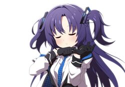  adjusting_clothes adjusting_gloves black_gloves blue_archive breasts closed_eyes closed_mouth commentary_request female gloves hair_ornament highres id_card jacket korean_commentary medium_breasts necktie portrait purple_hair simple_background sizque solo white_background yuuka_(blue_archive) 