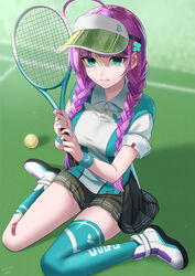  absurdres ahoge asymmetrical_legwear ball braid breasts clover_hair_ornament collared_shirt date_akari female furrowed_brow green_eyes green_skirt green_socks green_thighhighs hair_ornament heaven_burns_red highres holding holding_racket long_hair looking_at_viewer miniskirt multicolored_hair nil_(pixiv_53614557) parted_lips pink_hair pleated_skirt purple_hair racket scared shirt sitting skirt socks solo sportswear tennis_ball tennis_court tennis_racket tennis_uniform thighhighs twin_braids two-tone_hair uneven_legwear visor_cap wariza white_footwear wristband 