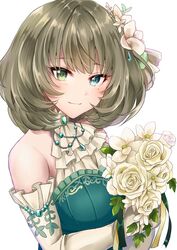  blue_eyes blush bouquet brown_hair chii_(sbshop) corset elbow_gloves female flower gloves green_corset green_eyes green_ribbons hair_flower hair_ornament halterneck heterochromia highres holding holding_bouquet idolmaster idolmaster_cinderella_girls looking_at_viewer medium_hair mole mole_under_eye pink_flower ribbon rose simple_background smile solo takagaki_kaede upper_body vine_print white_background white_flower white_gloves white_rose 